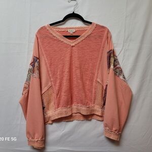 POL Coral Textured V-Neck Top with Crochet Trim OS